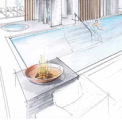 Feuerschale am neuen Sauna-Au&szlig;enpool (Architektur-Zeichnung, &copy; wellverde concept GmbH) Anfang M&auml;rz 2026 beginnt im Ph&ouml;nix-Bad die Erneuerung der gesamten Saunawelt.