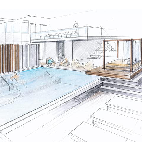 neuer Sauna-Au&szlig;enpool mit Whirlliegen (Architektur-Zeichnung, &copy; wellverde concept GmbH) Freu dich: Anfang M&auml;rz 2026 startet der Umbau unserer Saunawelt.