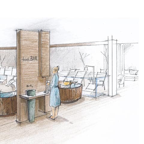 Sauna-Besucherin an der Trinkbar (Architektur-Zeichnung, &copy; wellverde concept GmbH) Anfang M&auml;rz 2026 beginnt die Zukunft der Saunawelt im Ph&ouml;nix-Bad.
